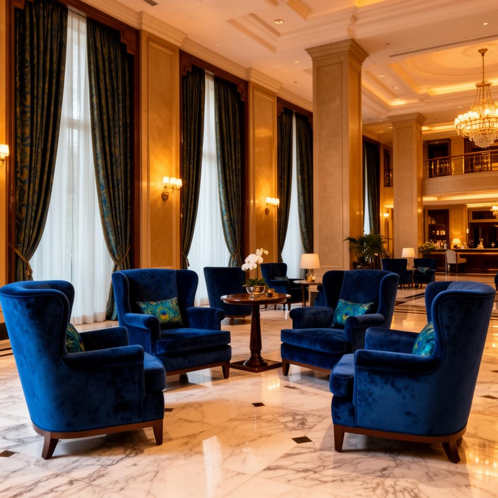 Luxury hotel lobby with deep blue velvet armchairs and floor-to-ceiling drapes