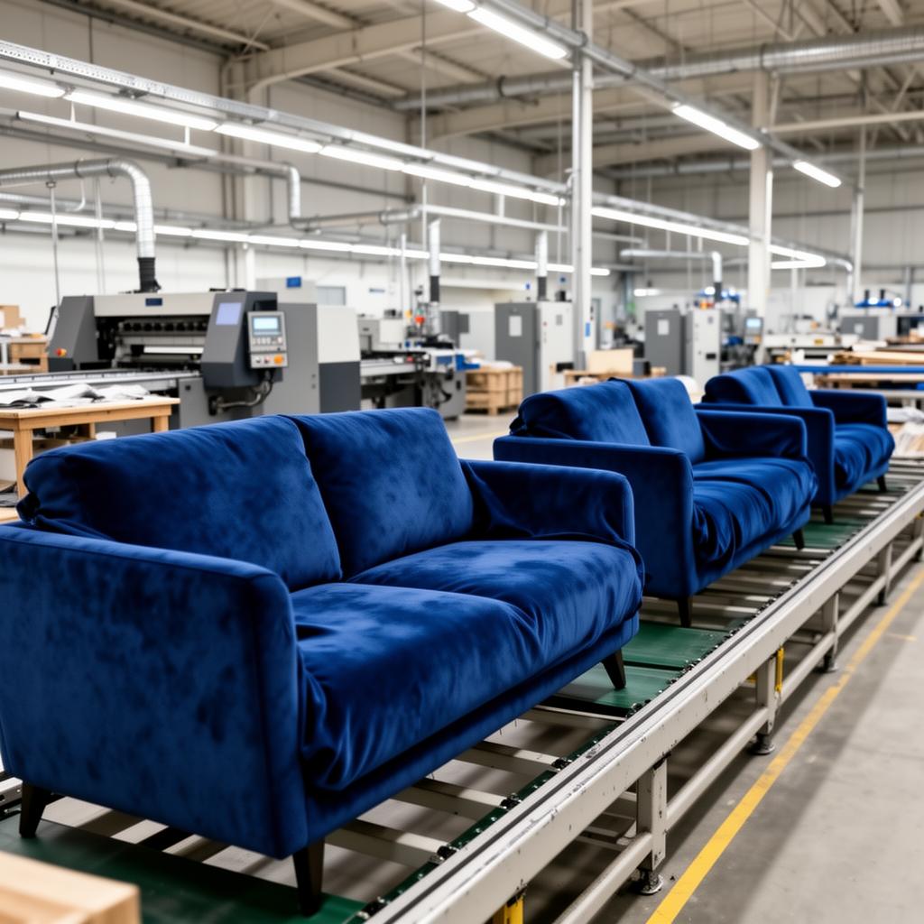 Modern factory line with furniture frames being upholstered in blue fabric
