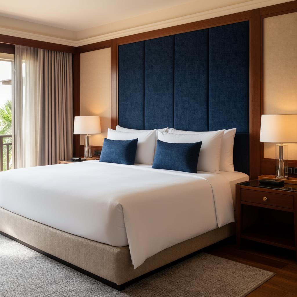 Close up of luxury resort suite with blue textile accents